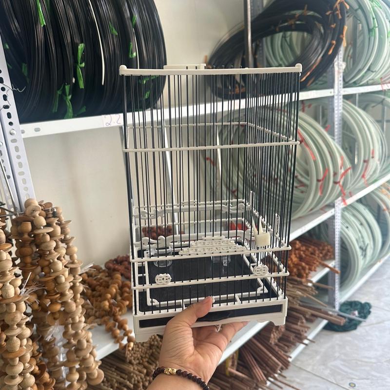  Lồng khuyên  Chữ Nhật  hút mật màu trắng nan đen khay đen rộng 21 cm cao 33 cm  đầy đủ phụ kiện áo cầu cóng xuyên hoa quả chim 