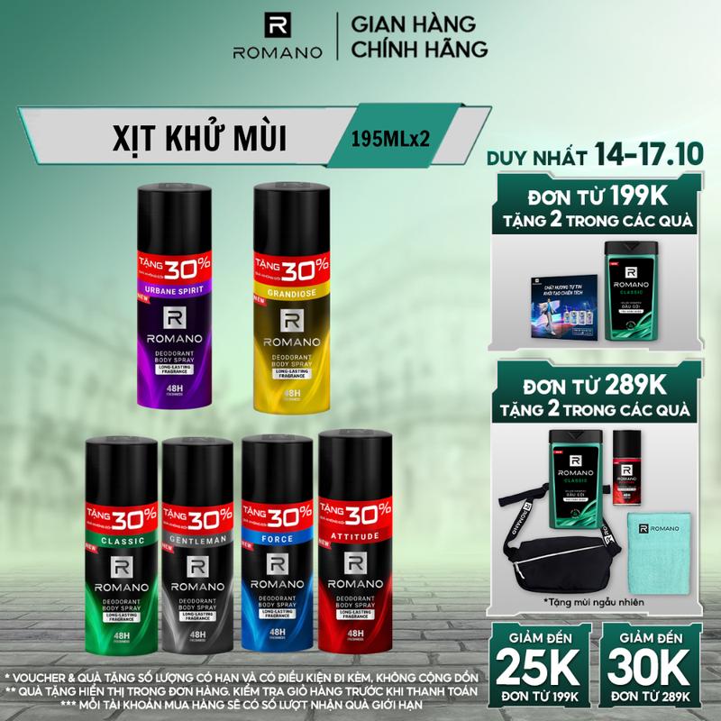 [THÊM 30% GIÁ KHÔNG ĐỔI] Combo 2 Xịt khử mùi toàn thân Dưỡng Body ngăn mồ và mùi cơ thể cho nam Romano Attitude/ Gentleman/ Force/Classic