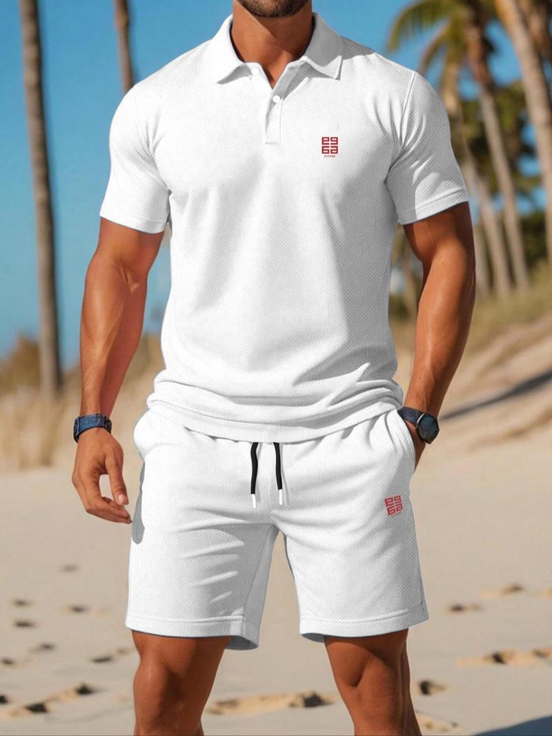 Product Introduction of Men's Letter & Geometric Print Polo Shirt & Shorts Set, Regular Fit Casual Short Sleeve Top & Track Shorts, Men Summer Set for Outdoor 1