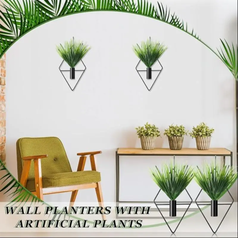 Metal Wall Hanging Decor, 1 Pair Geometric Design Wall Hanging Plant Holder with Artificial Plant, Modern Wall Art for Home Bedroom Living Room Office 4
