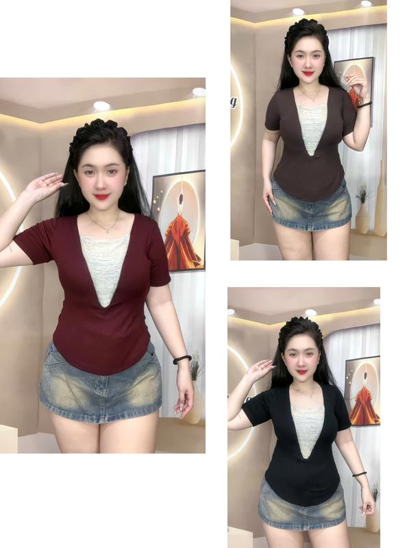 Áo thiết kế tay ngắn sang trọng cổ tim đímh đá chất thun borip xịn TN468