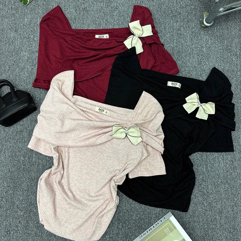 Ngọc Bích Bigsize Áo Thun Len Đũa Cổ Vuông Phối Nơ 3 Màu Đen Hồng Nhạt Đỏ Đô Mã Số 6006 Nữ Women