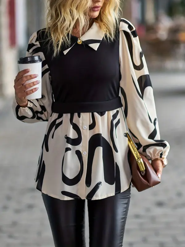 Women's Colorblock 2 In 1 Long Sleeve Button Collared Blouse, Casual Bishop Sleeve Collar Top for Spring & Fall, Women's Clothes for Daily Wear 8