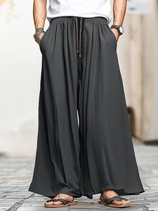 Men's Solid Color Drawstring Waist Pants, High Stretch Loose Pocket Wide Leg Trousers for Daily Wear, Fashion Men's Bottoms for All Seasons