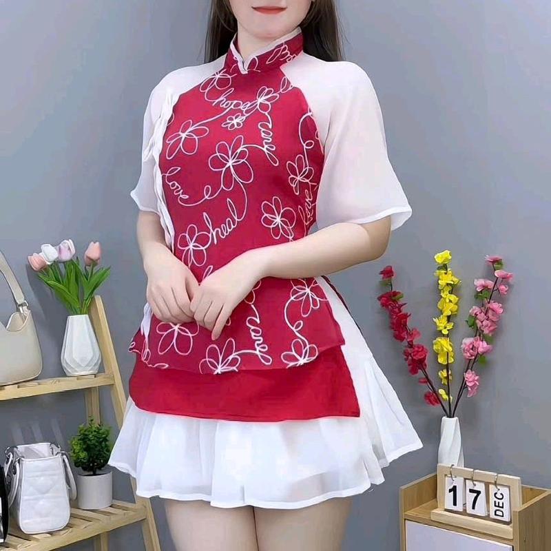 SÉT ÁO DÀI CÁCH TÂN THÊU HOA ĐÍNH NƠ KÈM CHÂN VÁY XÒE TRẺ TRUNG MẶC TẾT SIÊU XINH CÓ 3 MÀU,3 SIZE S,M, Nữ Tre Top tết Women 6