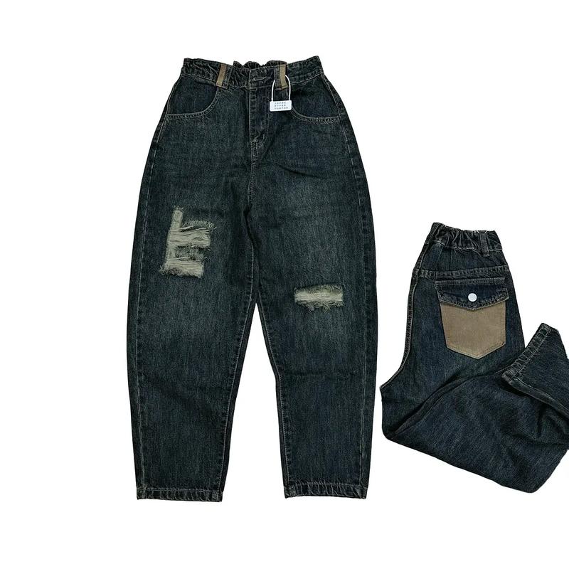 Quần Jeans Baggy Nữ Cạp Chun Rách Gối Phối Túi Màu Xanh Dơ Dài 93cm Không Co Giãn Giúp Che Khuyết Điểm Chân Tốt 20202 Women Denim Pants Có Túi