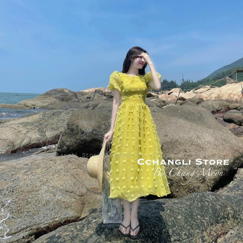 Đầm váy nữ dễ thương Dáng xòe Bông nổi Tay phồng Xinh xắn nhẹ nhàng dành cho các nàng mặc đi chơi tết đi tiệc đi biển đi du lịch Thời trang ShopAmemo Dress Women Xanh