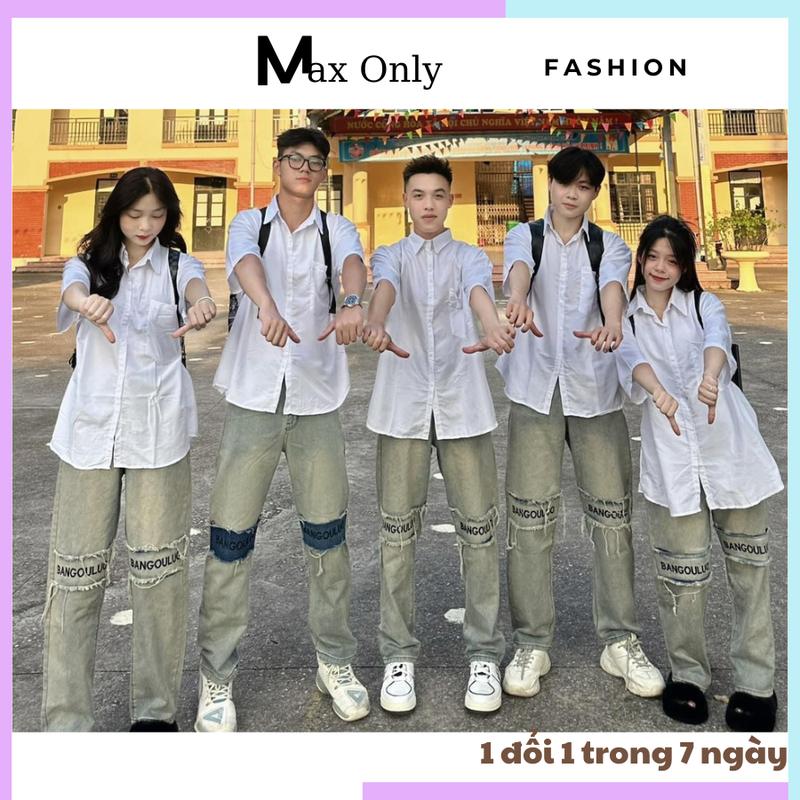 Quần jean bò nam nữ ống suông rộng hoạ tiết chữ thêu vạch gối đẹp 3