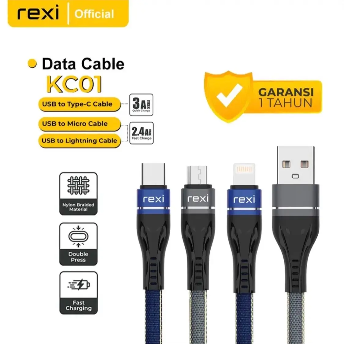 Cable data fast charging typeC,micro,lightning garansi 1 tahun Panjang Kabel