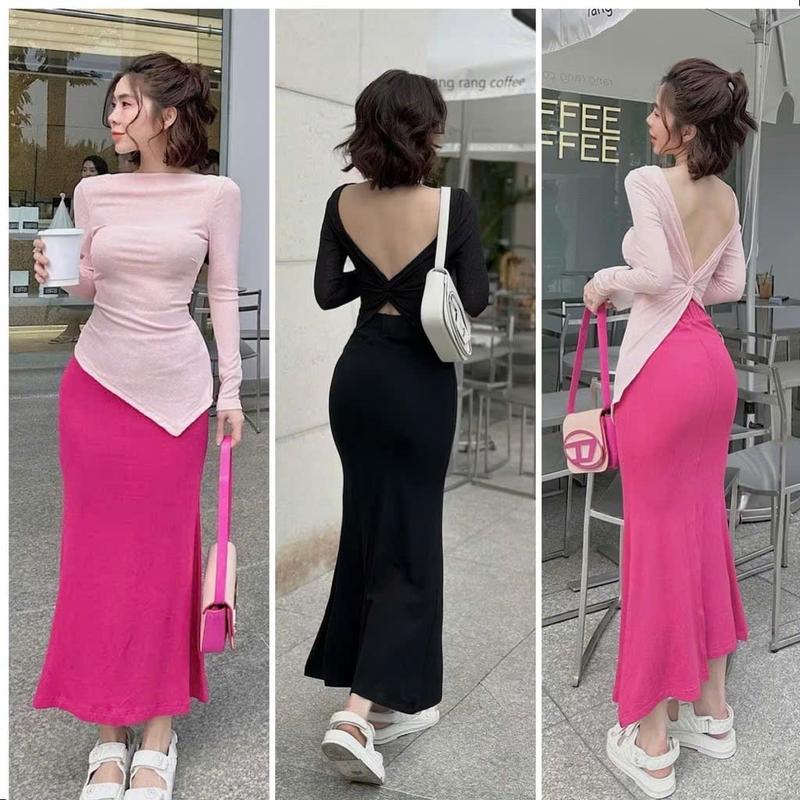 SM - Set áo tay dài xoắn hở lưng vạt nhọn phối chân váy đuôi cá sang chảnh - thun gân lạnh BD08 set bộ set nữ tôn dáng set chân váy set bộ nữ set đi biển set váy