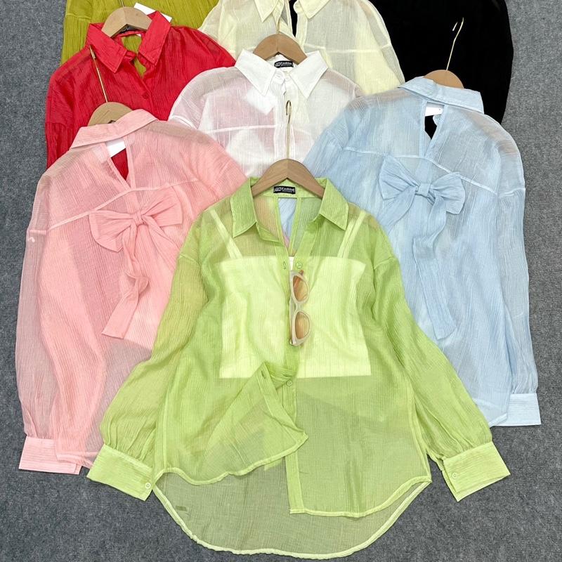 Sét áo Sơ Mi Nơ Lưng Kèm Áo Bra Vải Voan Tơ Tiểu Thư Mỏng Nhẹ Đi Biển Đi Du Lịch Cực Xinh - Nữ Kem Women Nhung