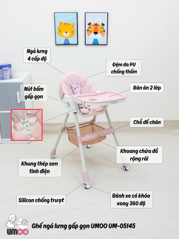 Ghế Ăn Dặm Cho Bé UMOO Ngả Lưng, Gấp Gọn Cao Cấp Chính Hãng, Điều Chỉnh Linh Hoạt, 2 Khay Bàn Ăn Kèm Bàn Chơi UM-05145 2