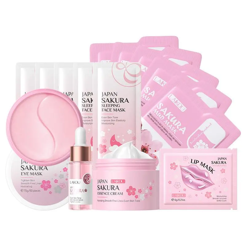 Sakura Skin Care Set, 1 Set Moisturizing Skin Care Kit with Face Cream, Face Serum, Eye Mask, Lip Mask & Face Mask, Skin Care Routine Kit for Women