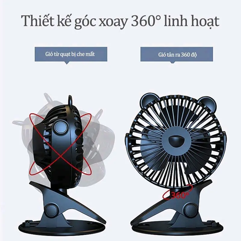 Quạt kẹp xe đẩy cho bé,quạt tích điện mini kẹp bàn đa năng 3