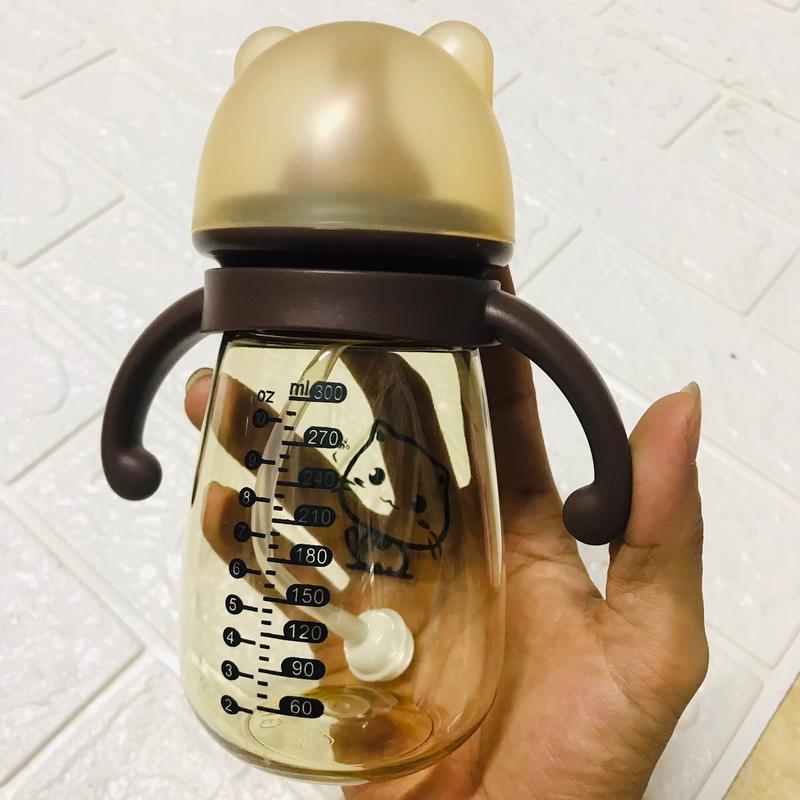 Bình sữa bé trên 6 tháng mèo cổ rộng 300ml có van chống sặc Voi Tập Uống núm dấu công nghệ BPA-free cho bé tự lấy ly