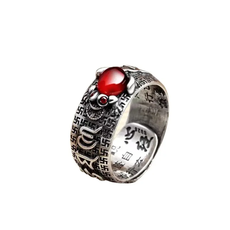 Nhẫn Ruby Tỳ Hưu, Bạc Cổ Điển Dành Cho Nam, Thiết Kế Xuyên Thấu Trái Tim, Được Chuyển Đồng Tiền Xu Đồng, Nhẫn Mở, Phong Cách Sinh Tồn, Độc Đoán, Nhẫn Nam 1