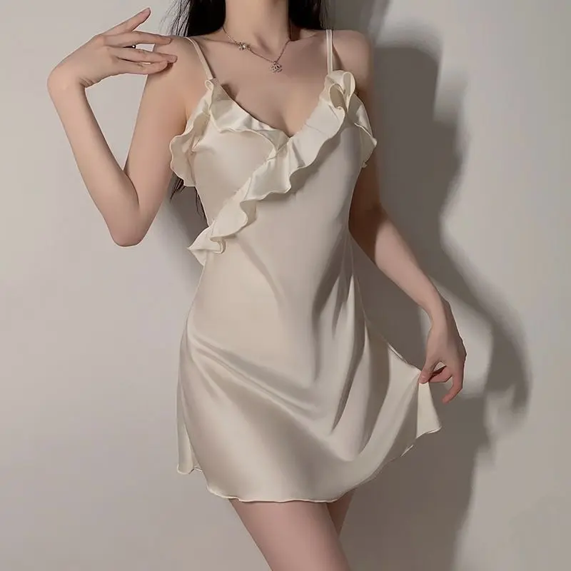 Baju Tidur Tanpa Belakang, Gaya Seksi, Baju Tidur Bertali, Diperbuat daripada Sutera Ais, Rekaan Renda Musim Panas, Leher V Comel dan Seksi, Sesuai untuk Pakaian Ruang Tidur, Ketibaan Baru, 2025 Sleepwear Dusty Pink