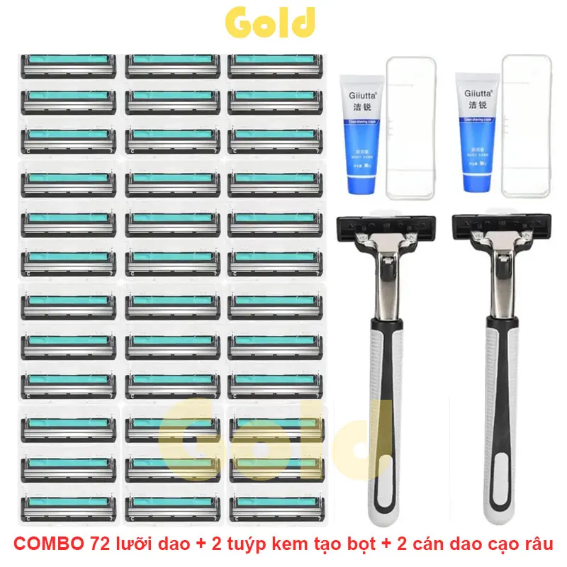 DAO CẠO RÂU LƯỠI KÉP - Bộ 72 lưỡi cạo râu lưỡi kép, 2 tay cầm và 2 lọ kem tạo bọt tặng kèm
