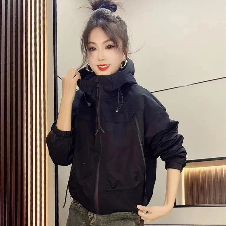 Áo Khoác Cotton, Phong Cách Hàn Quốc, Dáng Rộng Rãi Và Thường Ngày, Có Mũ Trùm Đầu, Túi Lớn, Khóa Kéo, Dành Cho Nữ Công Nhân, Áo Khoác Gió, Hàng Mới Về Năm 2025 4
