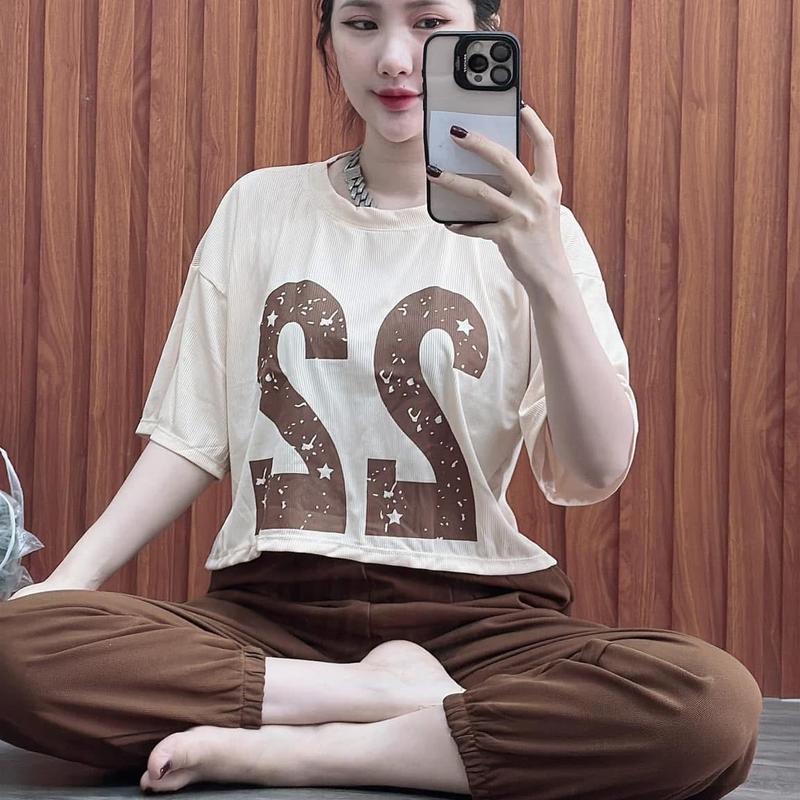 Đồ Bộ In số 22 dáng lững tay ngắn quần thun dày dặn co giản