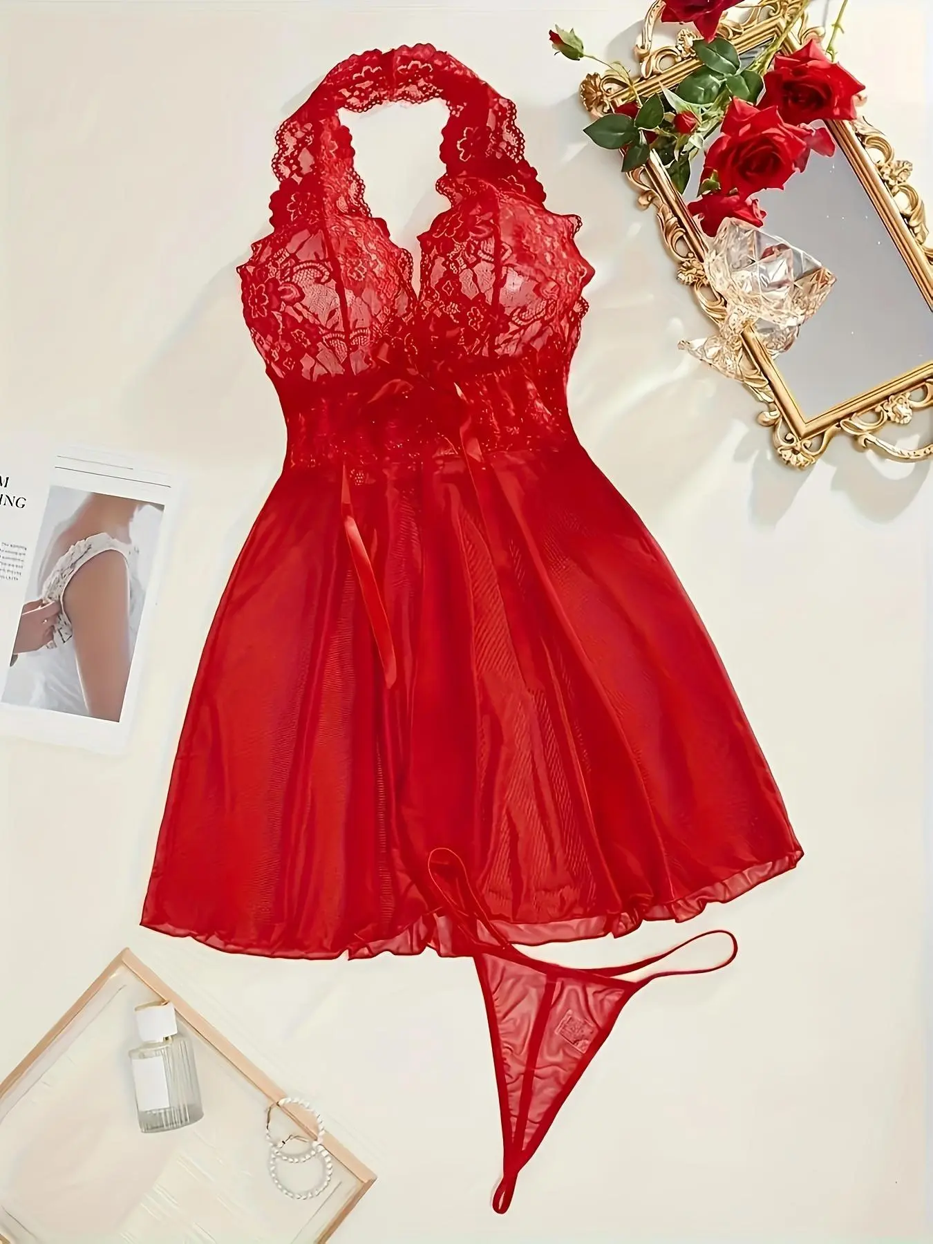 Women's Contrast Lace Nightdress & Thong Sexy Sleepwear Two-piece Set, Sexy Comfy Nighty Dress & Panty Set, Women's Sleepwear for All Seasons, Slip Nightdress