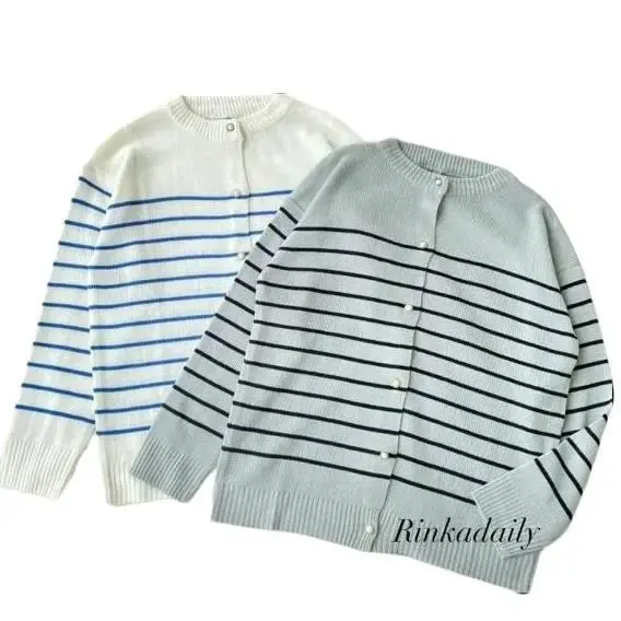 Qinara Cardigan Rajut Strip Kancing Mutiara Premium Baju Fit
