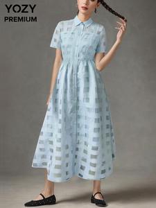 YOZY Women's Plain Contrast Mesh Button Front Dress, Summer Clothes Women, Casual Short Sleeve Collar Dress for Summer, Women's Clothing for Daily Wear