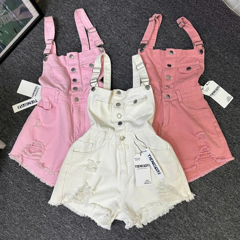 (S-XL) Yếm Jean Nữ Rách Lai Tua Cá Tính-Quần yếm Demin Short 5 Nút  Một Nắp Túi Pants