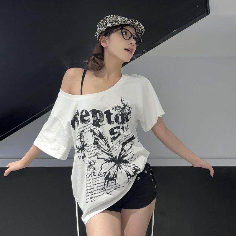 Áo Thun Cổ Điển Mỹ Chính Hãng Phong Cách Lười Biếng Thường Ngày Trễ Vai, In Hình Bướm, Chất Liệu Cotton Nguyên Chất, Nhiều Cách Mặc 3