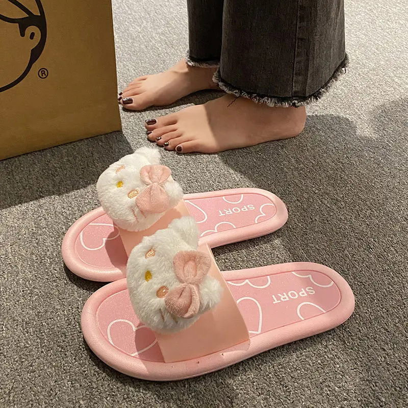 Dép Hello Kitty, Thiết Kế Hoạt Hình Dễ Thương, Có Thể Đeo Ngoài Trời, Dép Đi Hellokitty, Dành Cho Nữ, Đế Dày, Kiểu Lười, Thích Hợp Để Tắm Trong Nhà, Dép Chống Trượt 1