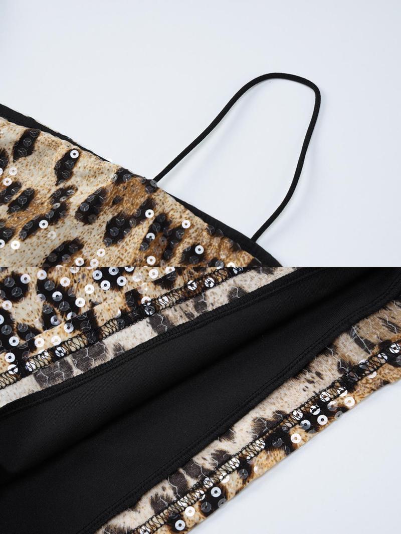 Product Introduction of Christmas Gift Women's Leopard Print Backless Cami Dress, Summer Dresses 2024, Street Fashion Spaghetti Strap Sequins Mini Dress for Party Club Dating Wear, Dresses for Women, Ladies Dresses Valentine's Day, gift 16
