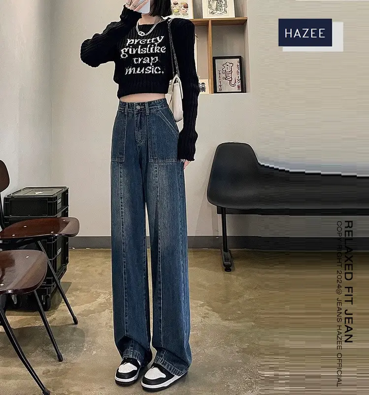 Quần Jean Xanh Cạp Cao tôn dáng HAZEE cao cấp - Quần Jean xuông hách dáng Pants Nữ Denim Thanh lịch Button Casual L Women Lưng Cao quần  jeans 2