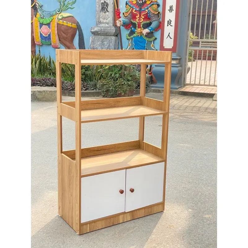 ￼Tủ bếp gỗ 3 tầng có tủ đóng mở màu trắng C100 x R60 x S30cm. Tủ gỗ để lò vi sóng, nội thất phòng bếp hiện đại. Kệ gỗ nhà bếp đa năng vintage