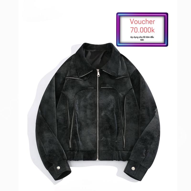 Áo Khoác Dây Kéo - Form Ngắn 55cm - Chất Da Loang Phối Dây Kéo Đồng Chống Gỉ - Phong Cách Trẻ Trung Hàn Quốc