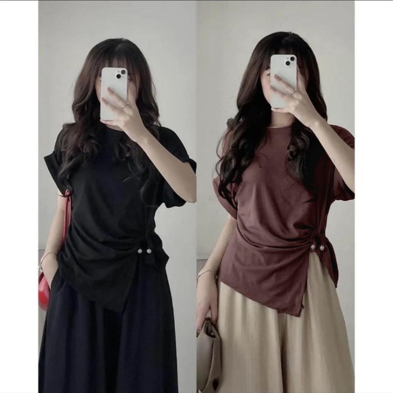 [BIGSIZE 45-90kg] Áo Thun Nữ Cổ Tròn Kiểu, Áo Phông Xoắn Eo Vòng Kim Loại Phù Hợp Mặc Đi Dạo, Đi Làm Women Top