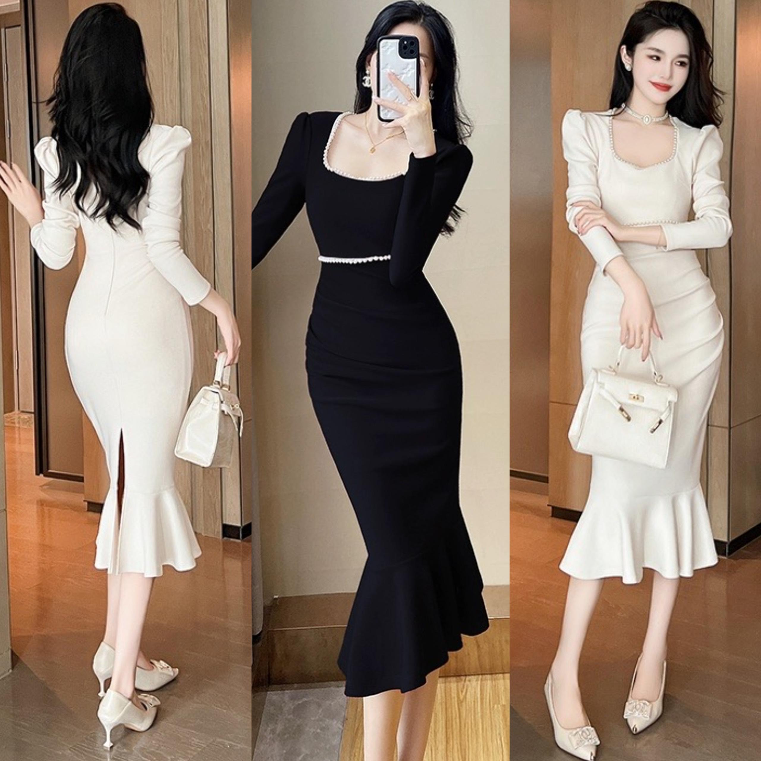 [ Xả Kho] Váy Dự Tiệc Viền Đính Ngọc Vải Thun PC Cao Cấp 50-100kg Nữ Dress Women Đen - A.1353