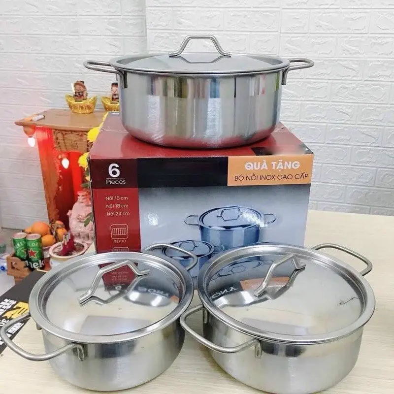 Bộ 3 nồi inox s0ny cao cấp 1 lớp inox 430 sáng bóng dùng được nhiều loại bếp kể cả bếp từ 3