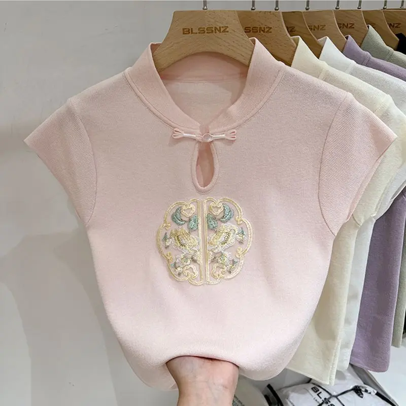 New short sleeve / modified Chinese style embroidery disc buckle ice silk knit short sleeve T-shirt women's spring summer 2024 new base layer top