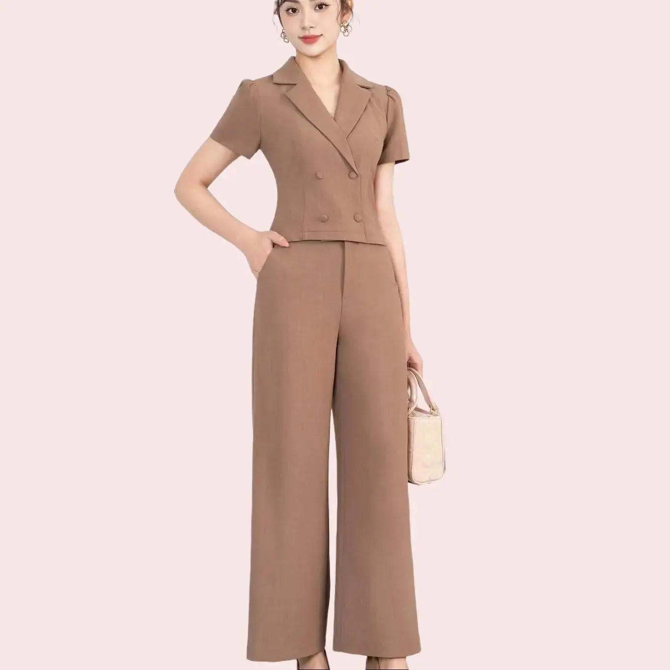 Set Vest Cộc Tay + Quần Tây Ống Xuông Màu Nâu - Top Nữ Cotton Polyester Tay Ngắn Trơn Ong Áo Women Jacket