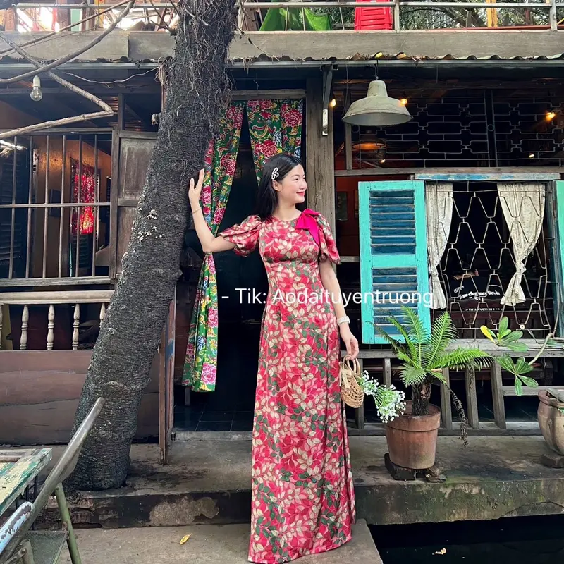Bộ áo dài hoa lá đính nơ 2 màu 1