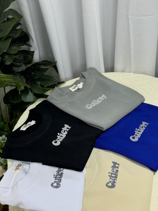 Áo croptop nữ chữ CUTIE in kim tuyến form ôm body cổ tròn siêu tôn dáng đủ màu basic chất liệu thun tăm Hàn - Amy - Cotton - Women, Kem, Voi baby đen fom 80kg đính bông 7