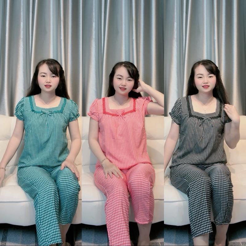 T07 40-75KG SET Đồ bộ nữ mặc ở nhà tay ngắn quần dài 9 tấc CÓ TÚI lụa phối ren sọc caro Áo Quần Ngủ Vàng Women Nữ