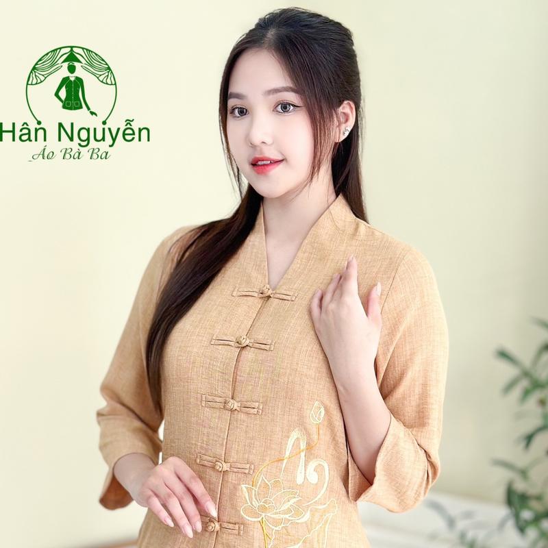 B.L84 - Bộ Lam Thêu Hoa Sen Chữ An Đũi Vân Mây - Hân Nguyễn Áo Bà Ba Top Nữ Sơ Mi Shirt Women