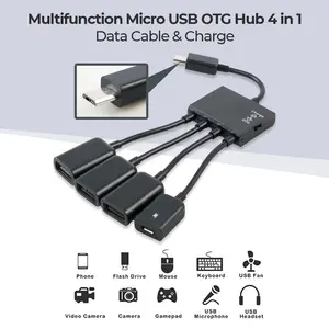 Micro USB OTG Hub 4 in 1 Data Cable & Charge 3 Port - M3H4 - Black