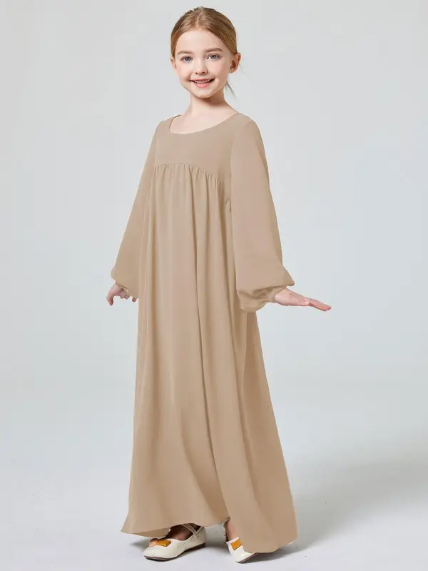Muslim Girl's Solid Ruched Bishop Sleeve Smock Dress without Hijab, Modern Abaya Dress, Modest Outfits, Cute Clothes, Cute Casual Round Neck Long Sleeve Dress for Daily Wear, Kid's Summer Clothes 4