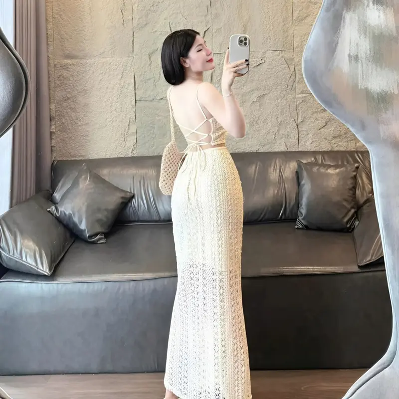 Set đồ nữ áo ren 2 dây có mút ngực phối chân váy dài lưới có lót trong xinh xắn cho nàng diện đi chơi, đi biển 2