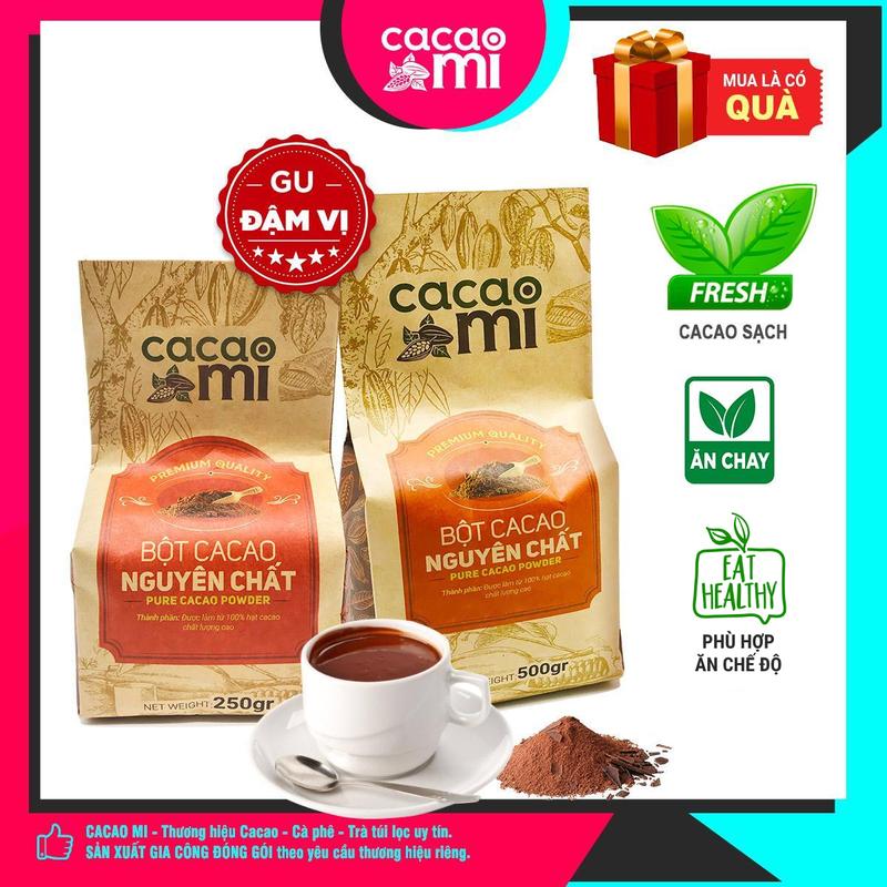 Bột ca cao nguyên chất không đường CACAOMI Premium gu đậm chuẩn vị cacao thơm ngon tự nhiên chuyên pha chế đồ uống Cà Phê sô-cô-la nóng, trà sữa, làm bánh, granola, chocolate cafe, sữa Chua cacaomi