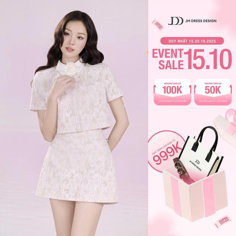 Áo Croptop Cổ Đức Ren Hoa 2T33.2506L, Chân Váy A Nơ Eo 4S20.2506L, Set Đồ Nữ Ren Trắng Romantic Preppy JM Dress Design