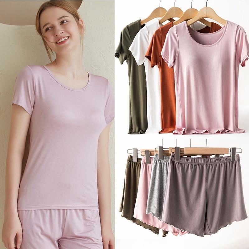 Bộ Đồ Nữ Mùa Hè Áo Phông Nhẹ Ngắn Tay Có Đệm Ngực Thích Hợp Mặc Nhà Phong Cách Đơn Giản Thích Hợp Để Ngủ Hoặc Tập Yoga