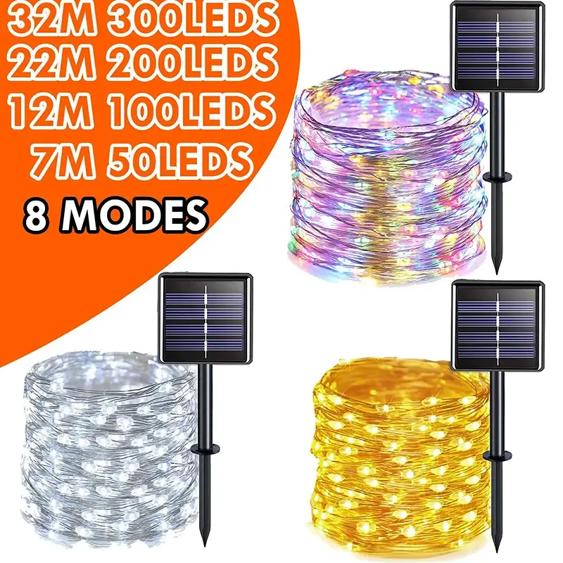 Đèn Dây Năng Lượng Mặt Trời, Ngoài Trời, 300 / 200 / 100 / 50 LED, Vòng Hoa Cổ Tích, 8 Chế Độ, Thích Hợp Cho Vườn, Sân Và Cây, Tiệc Giáng Sinh, Không Thấm Nước, Đèn Dây Đồng
